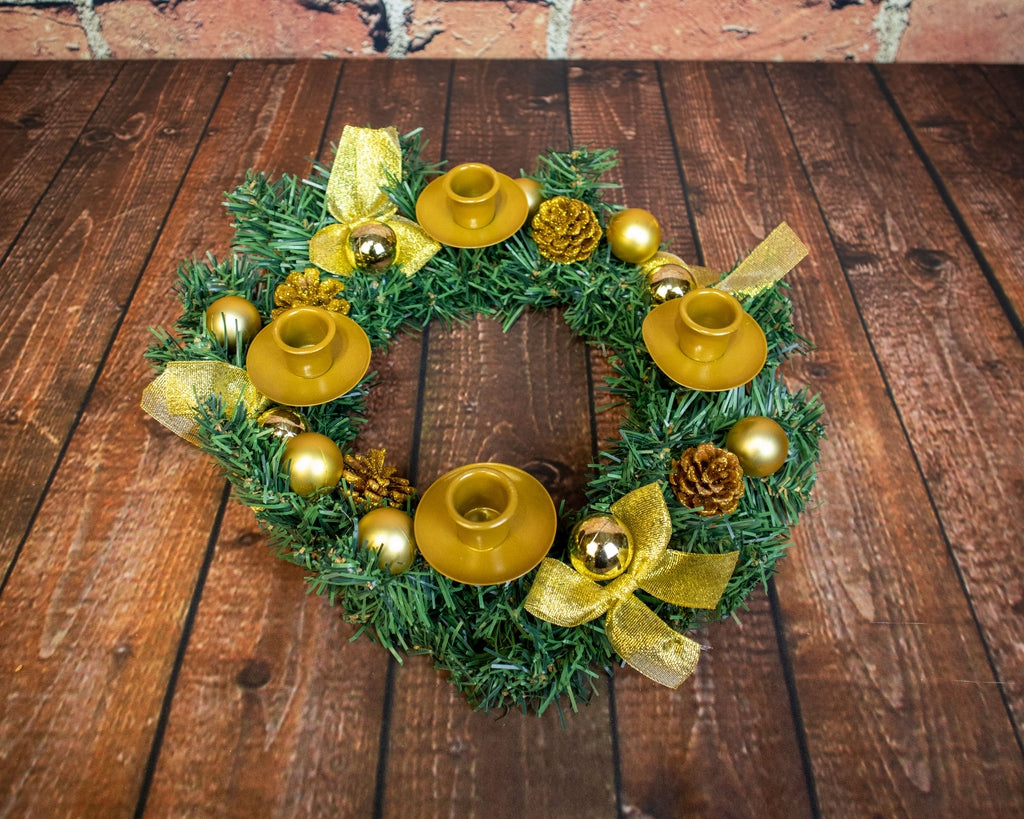 Advent Candle Holder-Gold with Pinecones