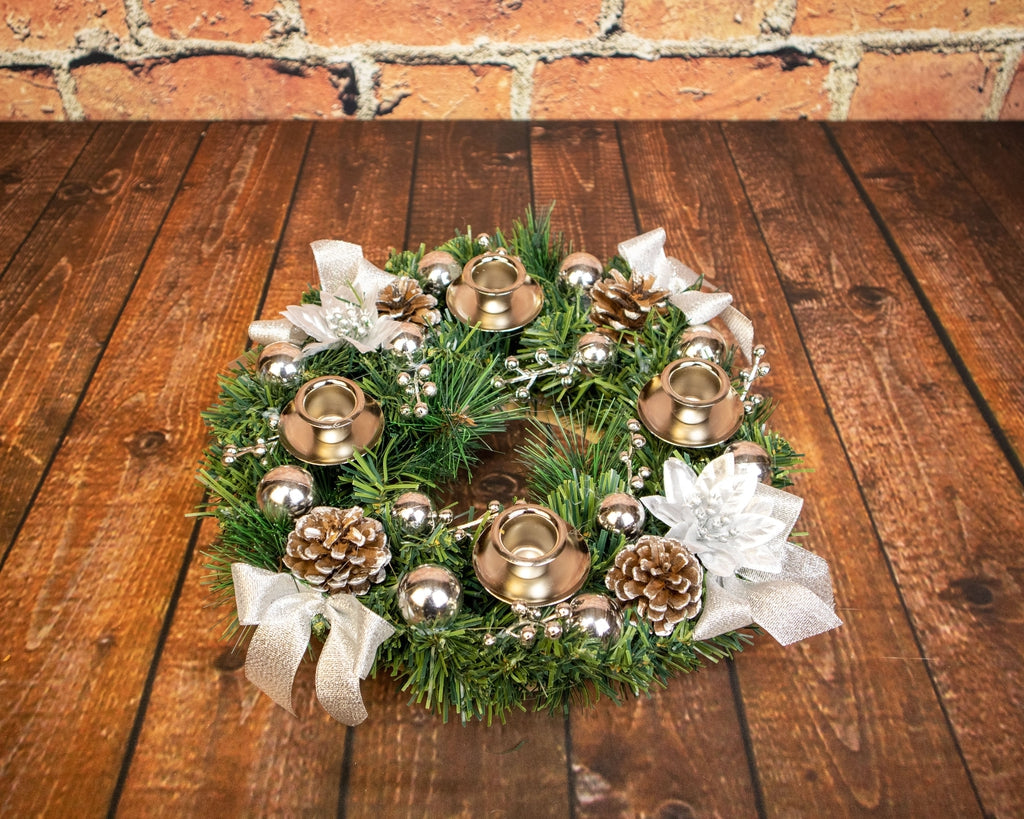 Advent Candle Holder-Silver with Pinecones